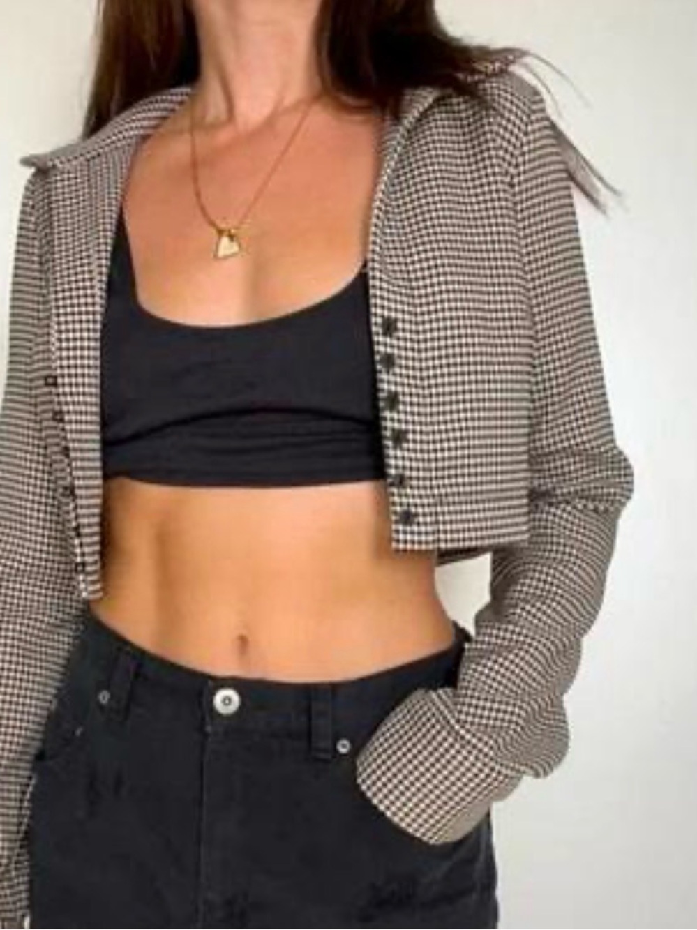 Zara Cropped Houndstooth Jacket - Black & Cream Sz S